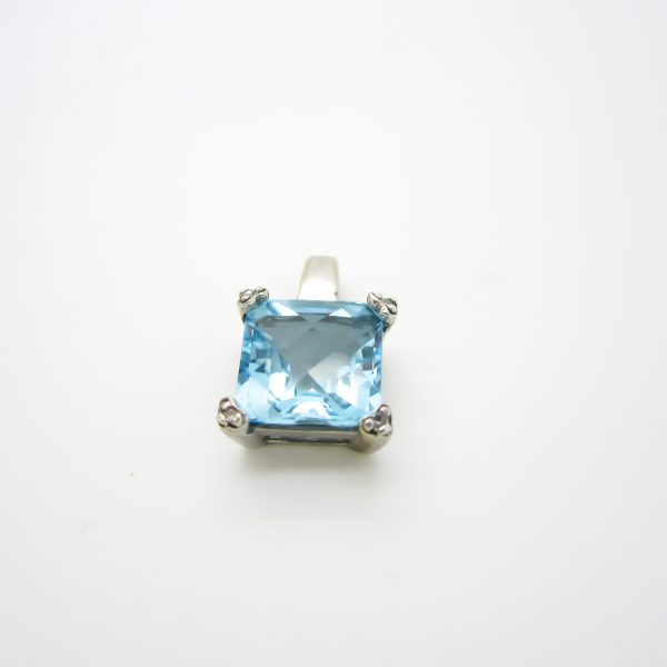 14k White Gold Square Blue Topaz and Diamond Pendant